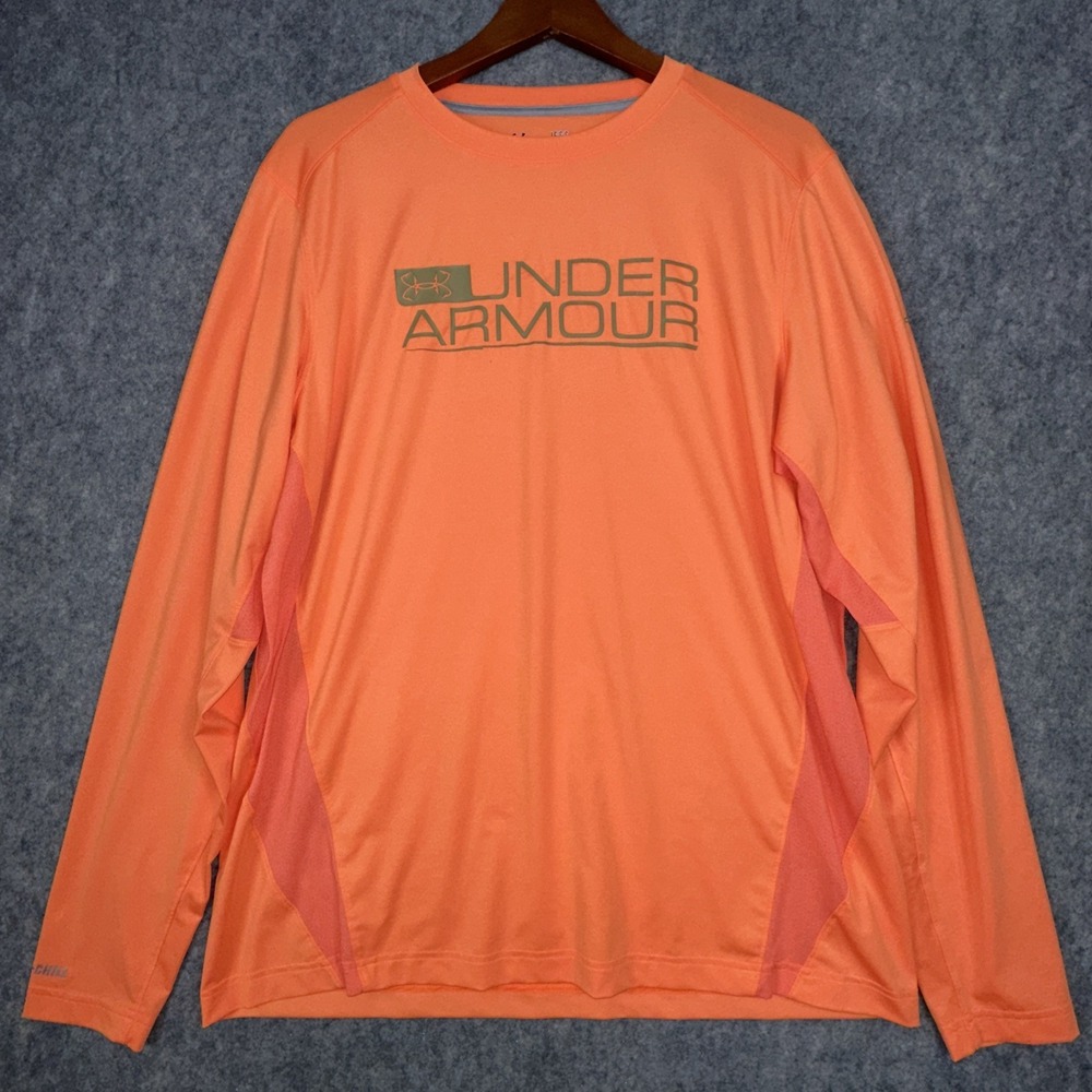 Under Armour Shirt Mens L Orange Iso Chill Fish HeatGear Long Sleeve Performance